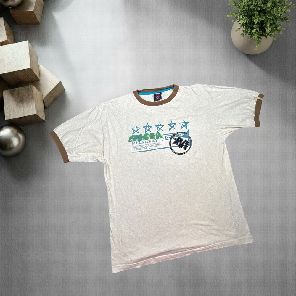 Vintage Mecca Denim Company Ringer T Shirt XL Cream Brown Y2K Streetwear Graphic